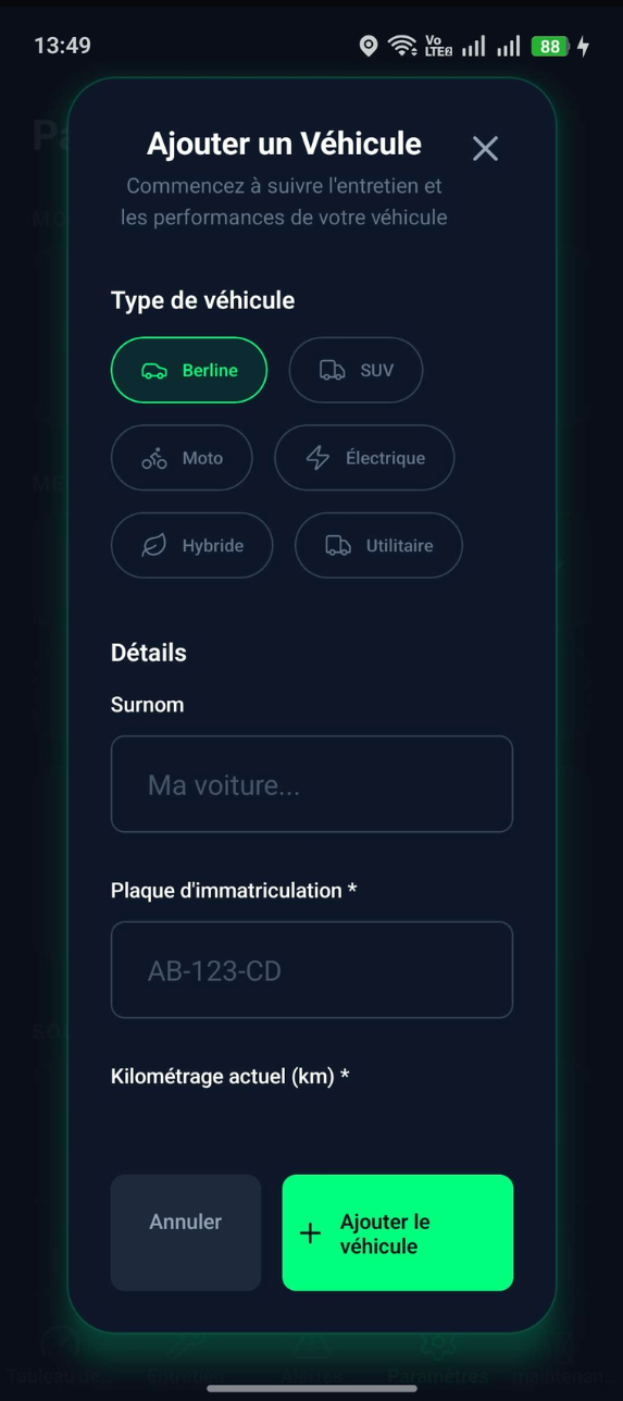 Modal Ajouter un Véhicule - Type et Plaque