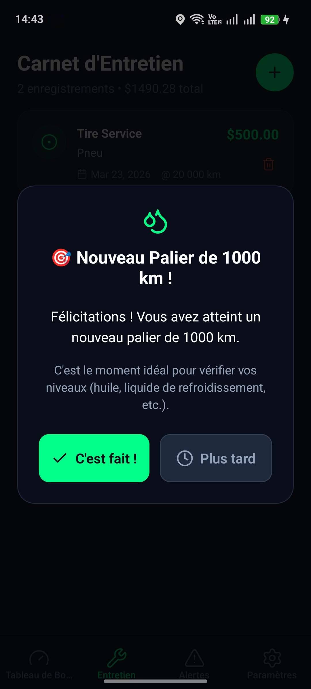 Notification Nouveau Palier 1000 km